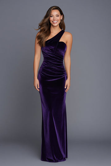 Robe formelle en velours froncé prune à une épaule